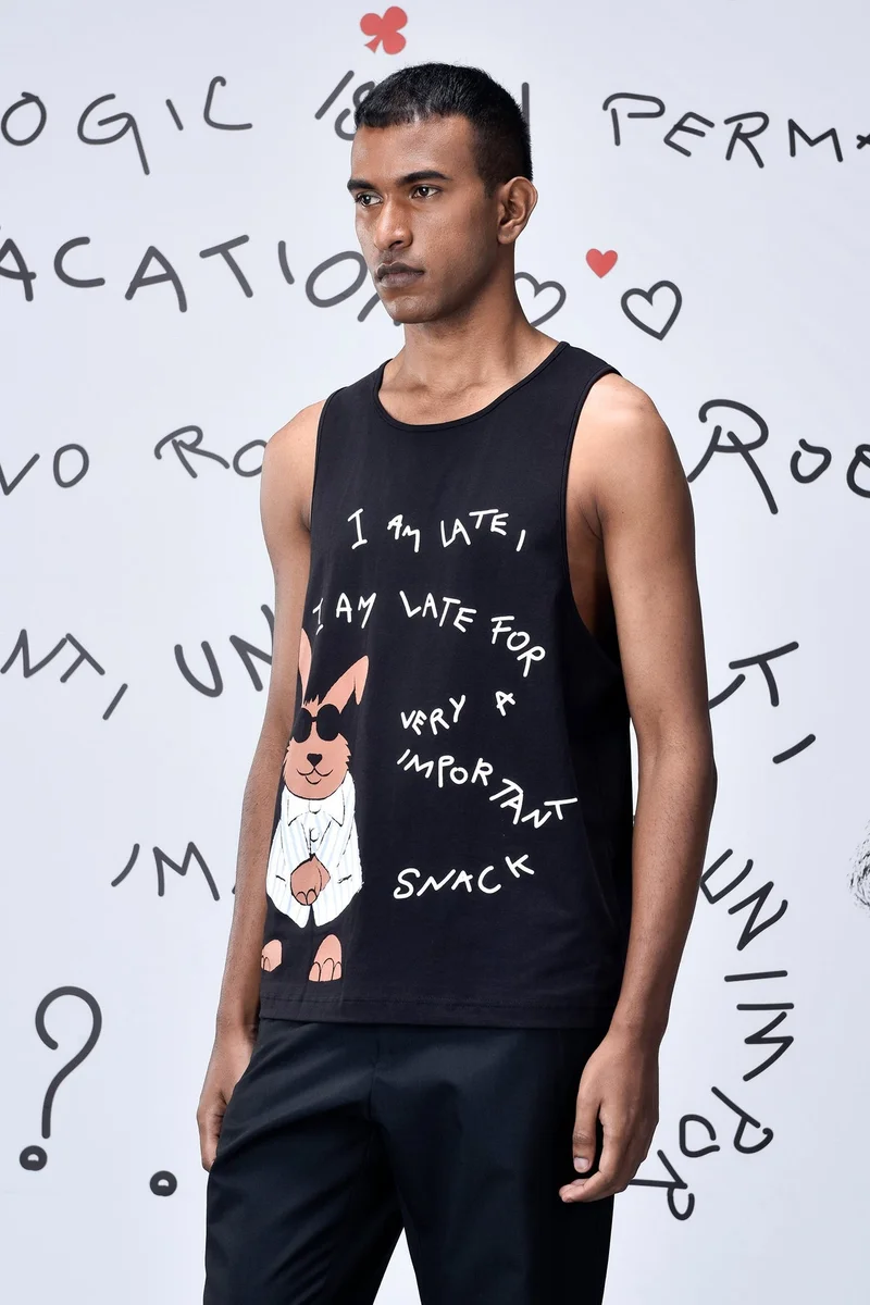 Genes Lecoanet Hemant Black Cotton Single Jersey Vest with Bunny Graphic Print